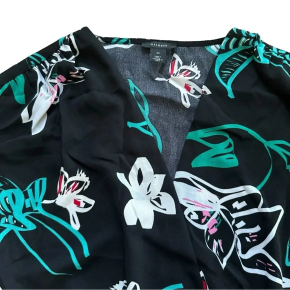 Halogen Black Green Floral Faux Wrap Maxi Dress Slit Short Sleeve Sz XS - Picture 5 of 10